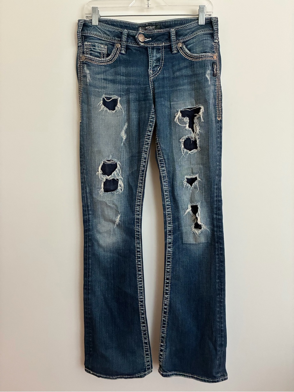 Silver Tuesday Flap Western Glove works Distressed low rise denim jeans 27